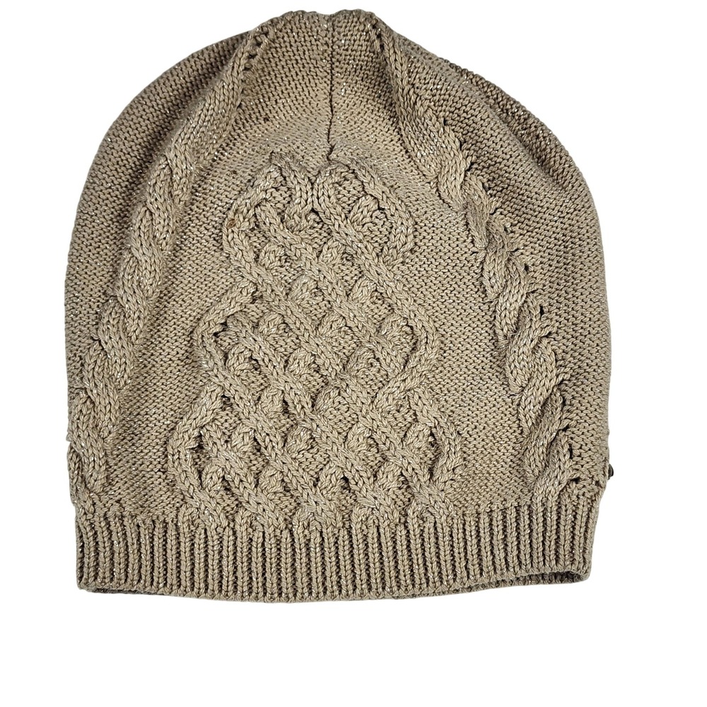 UGG Australia Beige Metallic Shimmer Cable Knit Wool Blend Beanie Hat One Size
